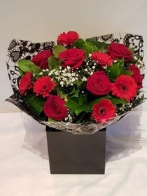 Valentines Rose & Germini Hand Tied in box.