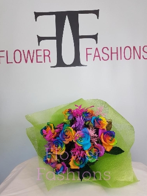 12 Rainbow Roses with Coloured Foilage