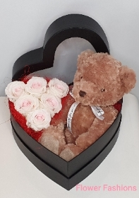 Infinity Pink Roses & Bear in Heart Shaped Box